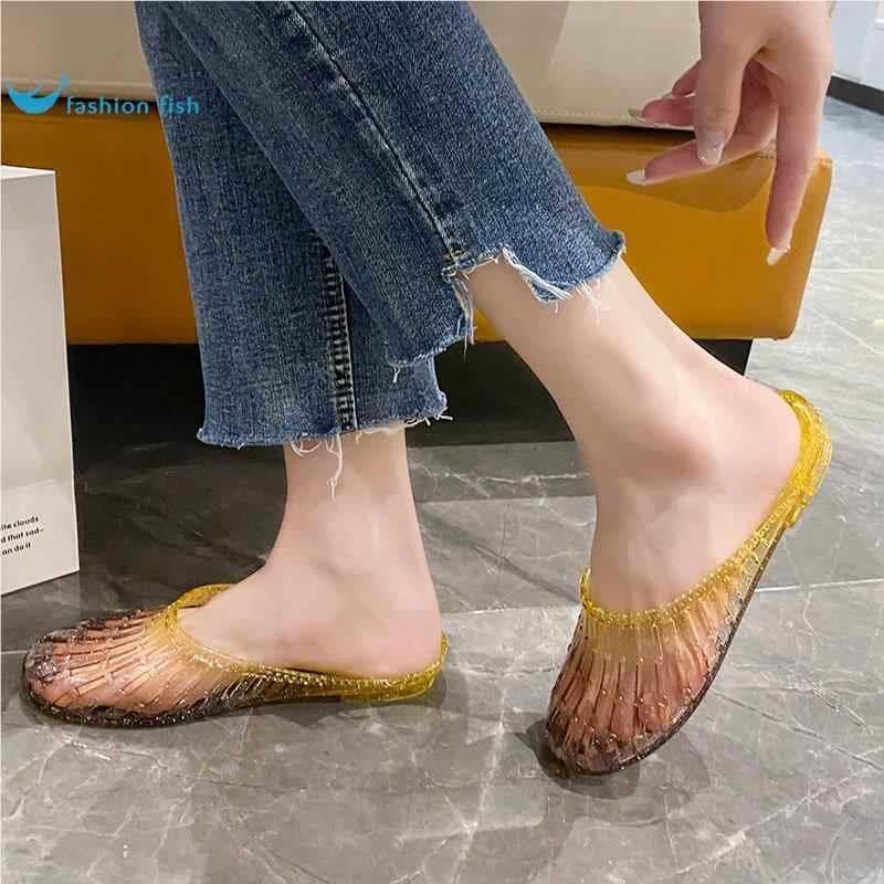 Verão de salto baixo Baotou sapatos de apoio feminino antiderrapante macio leve exterior usar cristal transparente casa