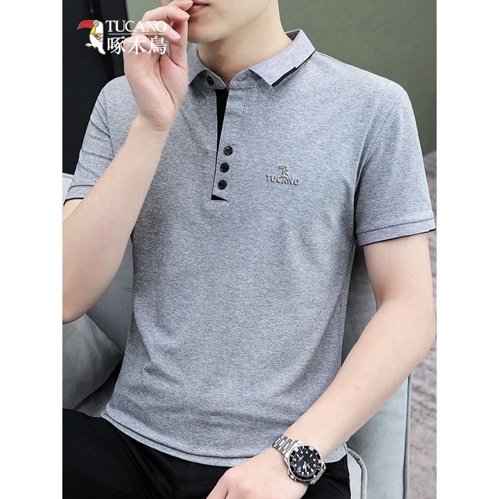 Woodpecker verão puro algodão POLO camisa masculina negócios Casual líder de manga curta camiseta cor sólida magro-