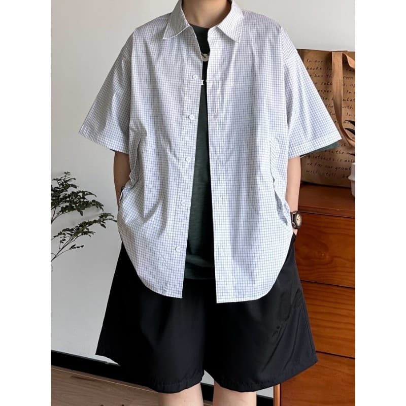 B East Japonês Masculino Retro Xadrez Camisa de Manga Curta Estilo Fino Homens Mulheres Soltas Casual Camisa Adolescente