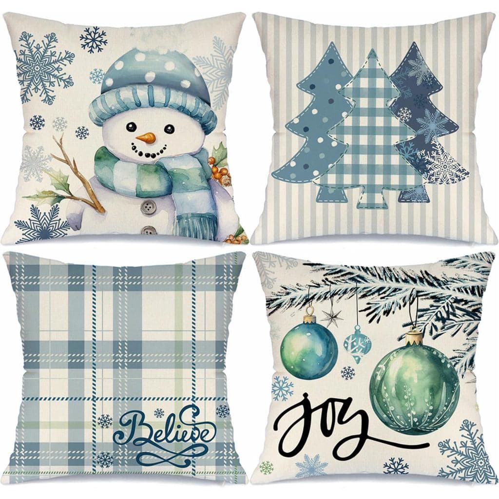 Christmas Winter Snowman Joy Snowflake Throw Pillow Covers Xmas Tree Pillow Covers 18x18 Set of 4 Winter Holiday Buffalo