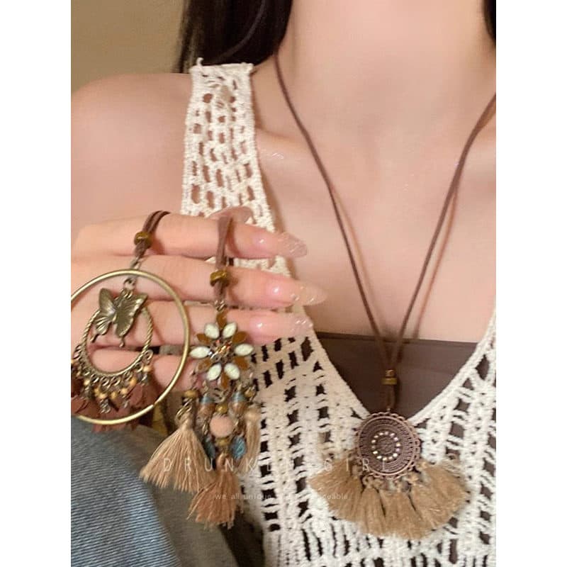 colar aço inoxidável colar femenino Borboleta exótica ~ estilo étnico boêmio colar borla borboleta Retro feminino novo