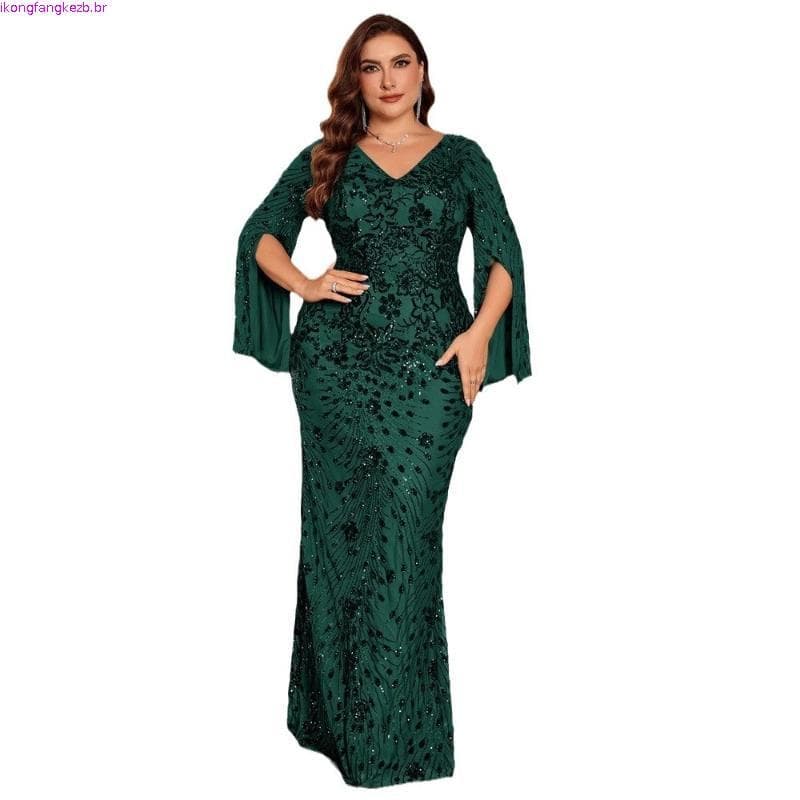 Novo vestido de noite com lantejoulas e mangas compridas, estilo europeu e americano, tamanho grande, para mulheres, ele
