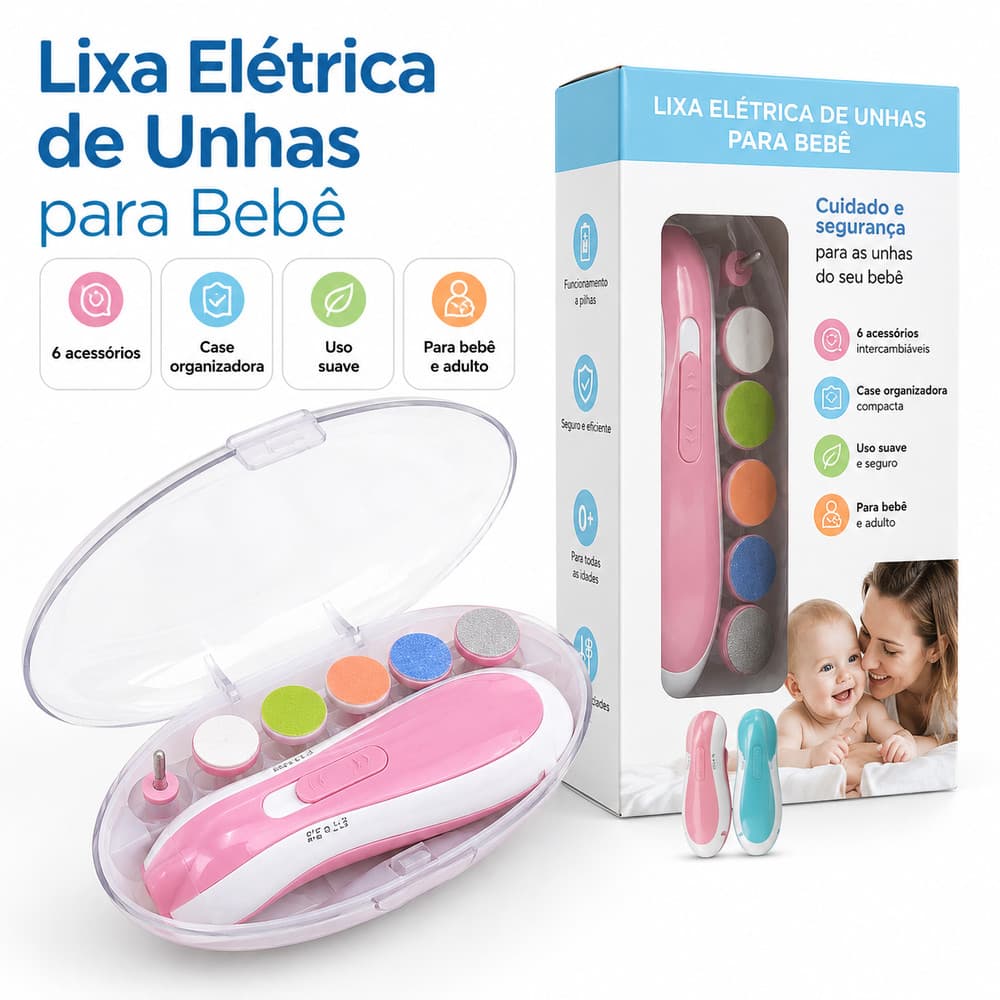 Lixa Elétrica Unhas Bebê com Luz LED e 6 Acessórios Rosa