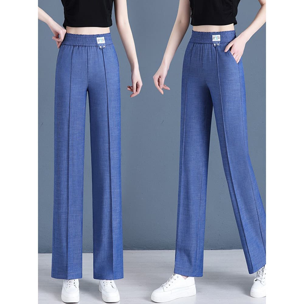 Tencel Denim calças de perna larga feminina 2026 verão novo estilo elástico cintura alta pequeno estilo fino calças reta