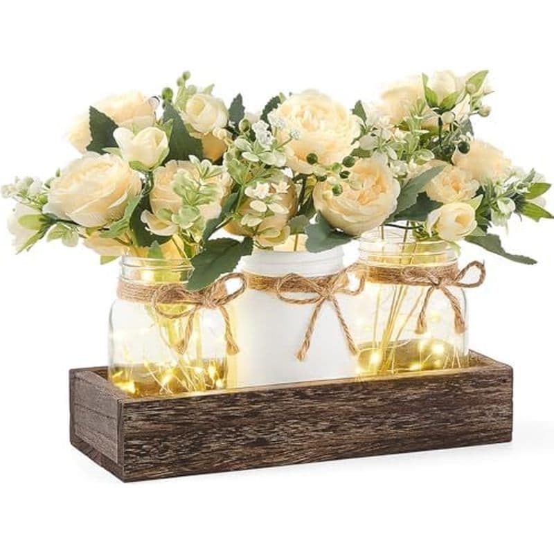 Mkono Mason Jar Lights Decoração De Mesa Central Para Sala De Jantar Bandeja De Madeira De Fazenda Com 3 Potes De Flores