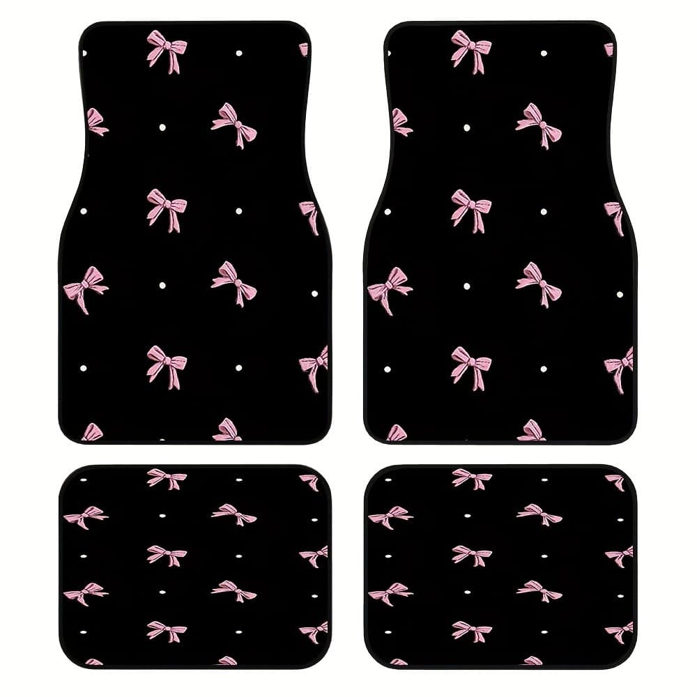 Conjunto de quatro peças de tapetes de pés de carro com padrão de bolinhas de arco rosa, adequados para carros ou carros
