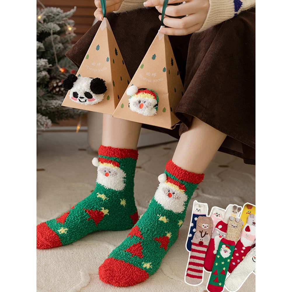 Coral velo meias de natal feminino inverno bonito dormir meias presente de natal diy caixa de presente verde bonito esti