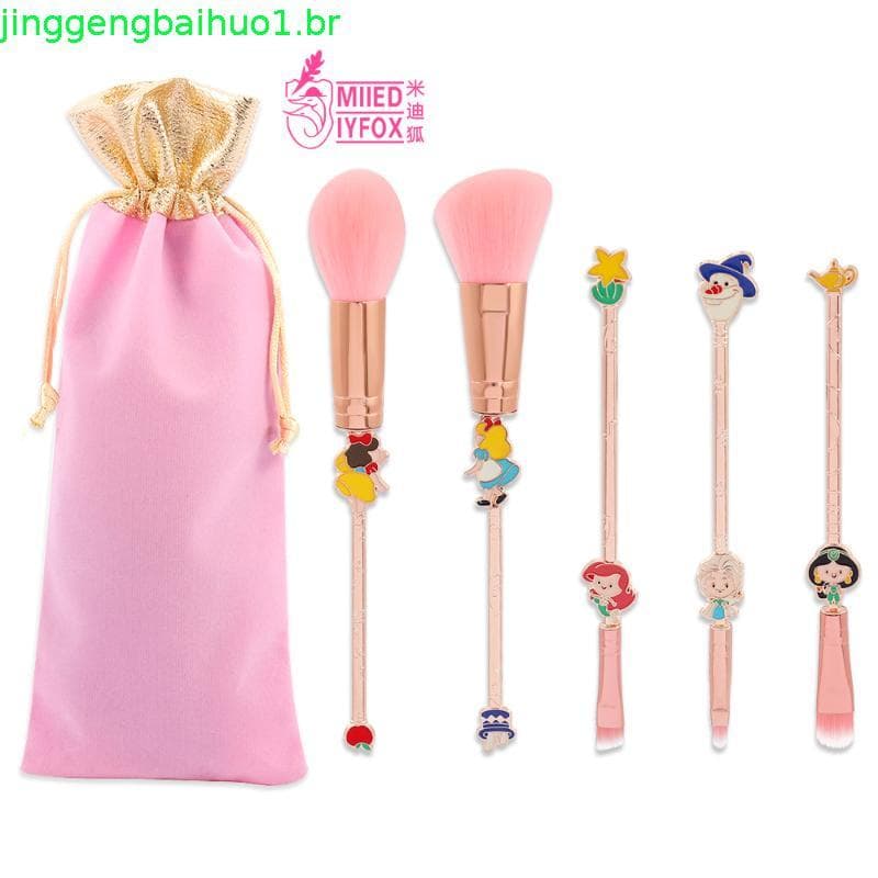 Conjunto de 5 Pincéis de Maquiagem com Tema de Menina de Desenho Animado – Cerdas Sintéticas Premium para Base, Esfumar,