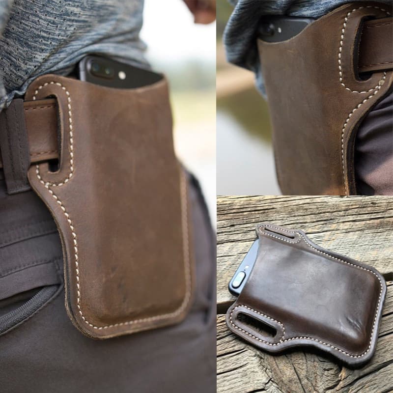 Bolsa de Telefone em Couro Vintage Crazy Horse, pode ser presa a um cinto, bolsa de cintura masculina para esportes ao a