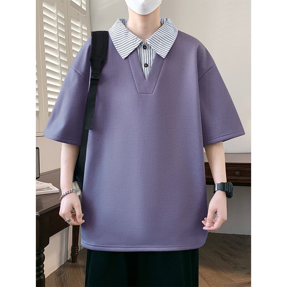 Camisa POLO listrada de duas peças falsa gola de manga curta masculina verão Street Wear roupas americanas soltas meia m