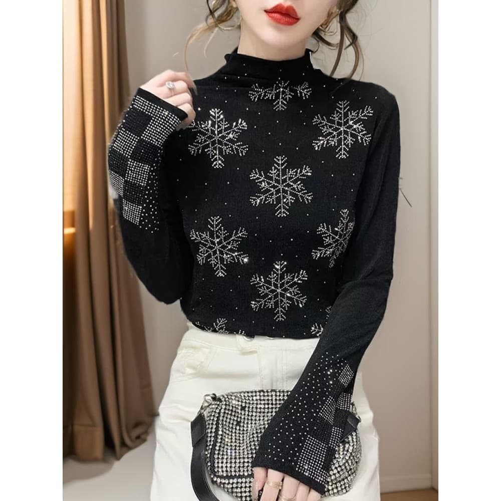 2024 outono inverno novo estilo quente strass engrossado velo meia gola alta camiseta feminina de manga comprida fundo i