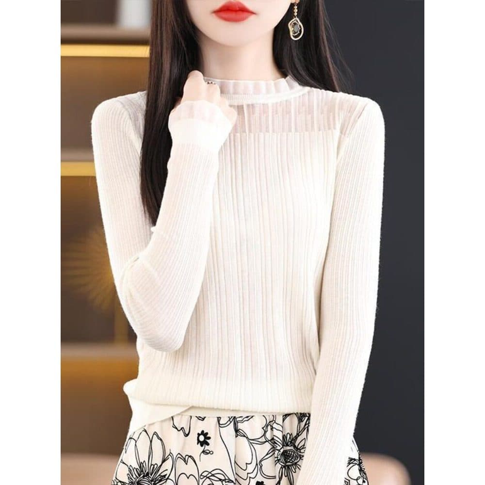 Outono inverno estilo ocidental renda manga comprida All-Match topo feminino novo estilo gola meia alta estilo fino cami
