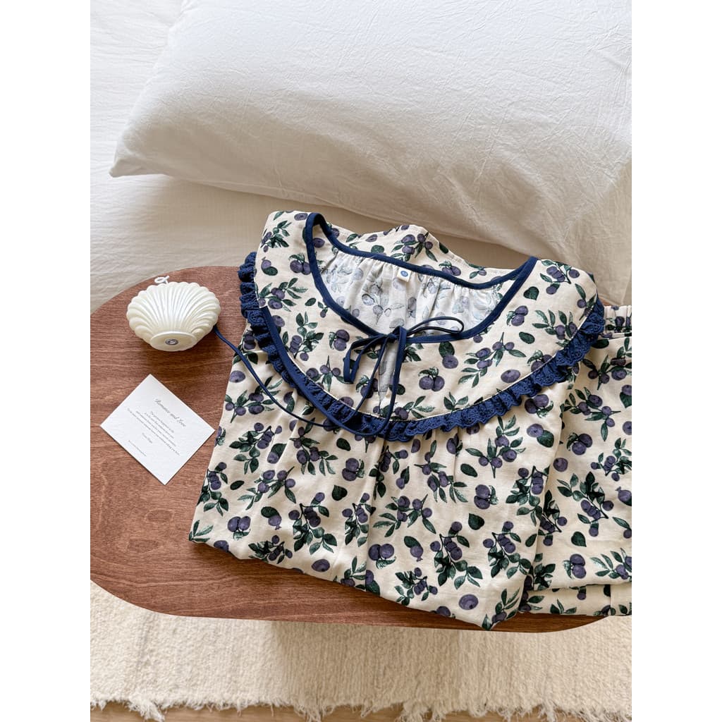 Geléia de Suco Verde |Pijama de algodão puro feminino 2026 novo estilo High-End sensação linda gaze de camada dupla retr