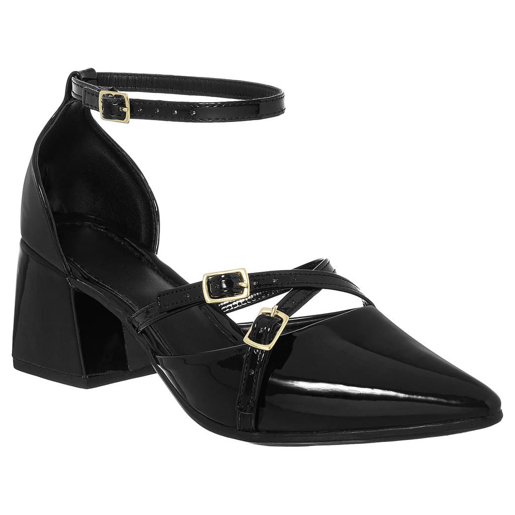Sapato Feminino Scarpin Social Slingback Bico Fino Salto Baixo Fivelas Napa Leve Confortável