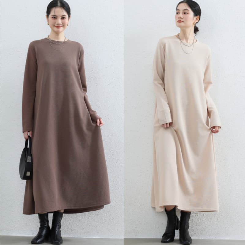 Outono inverno estilo japonês manga comprida saia longa solta em torno do pescoço A linha vestido cor sólida mais magro