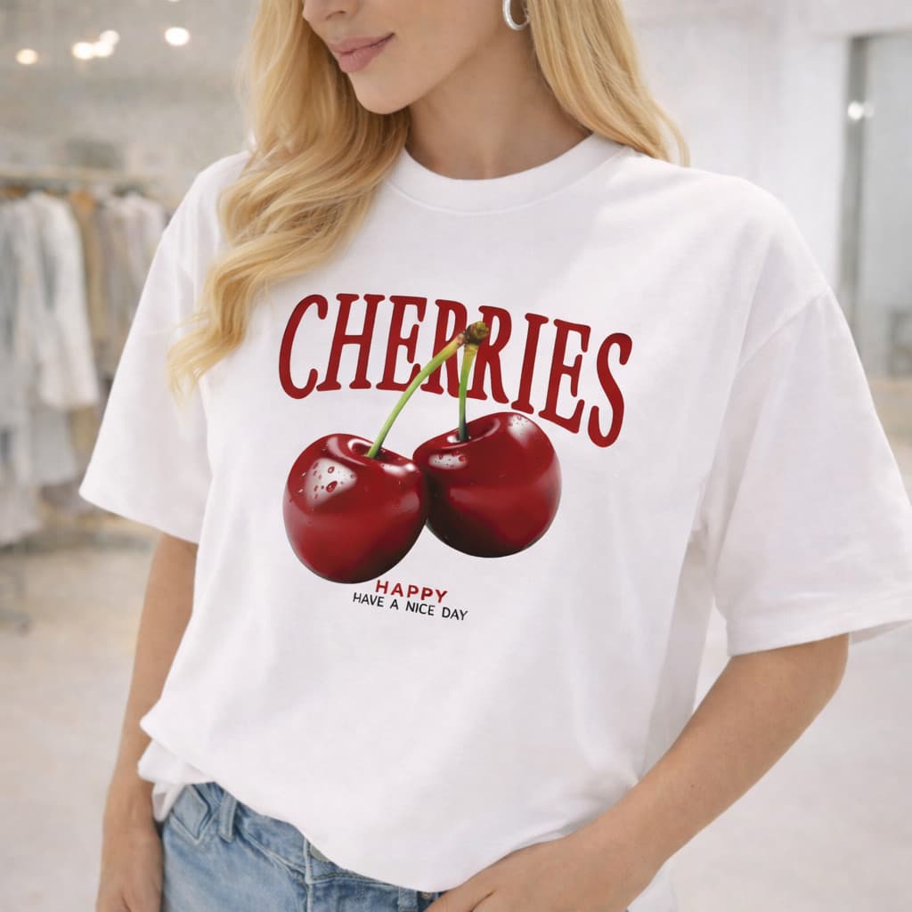 Camiseta Blusa DTF Cereja Feminina 100% Algodão Fio 30.1