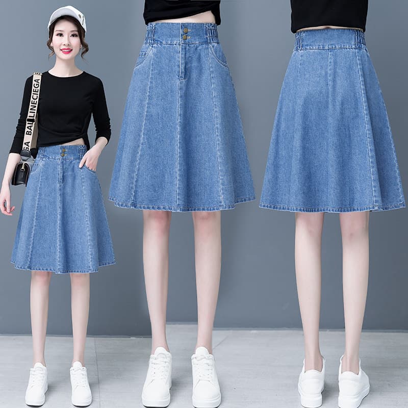Saia jeans feminina de comprimento médio 2025 primavera outono novo estilo estilo fino aparência mais fina bainha grande