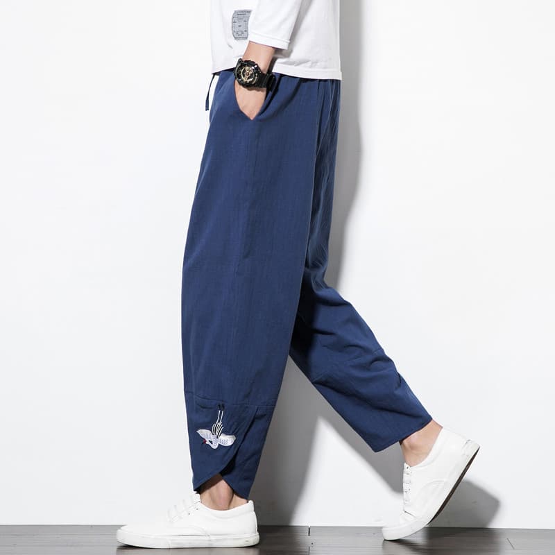 Estilo chinês guindaste bordado calças casuais soltas tamanho grande algodão linho calças de perna larga Bloomers Harem