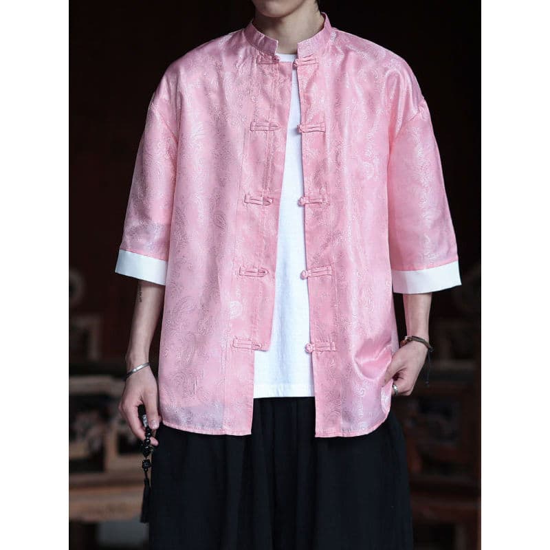 Verão 2026 novo estilo camisa de manga curta masculina novo estilo chinês Tang terno Retro abotoado caju flor meia manga