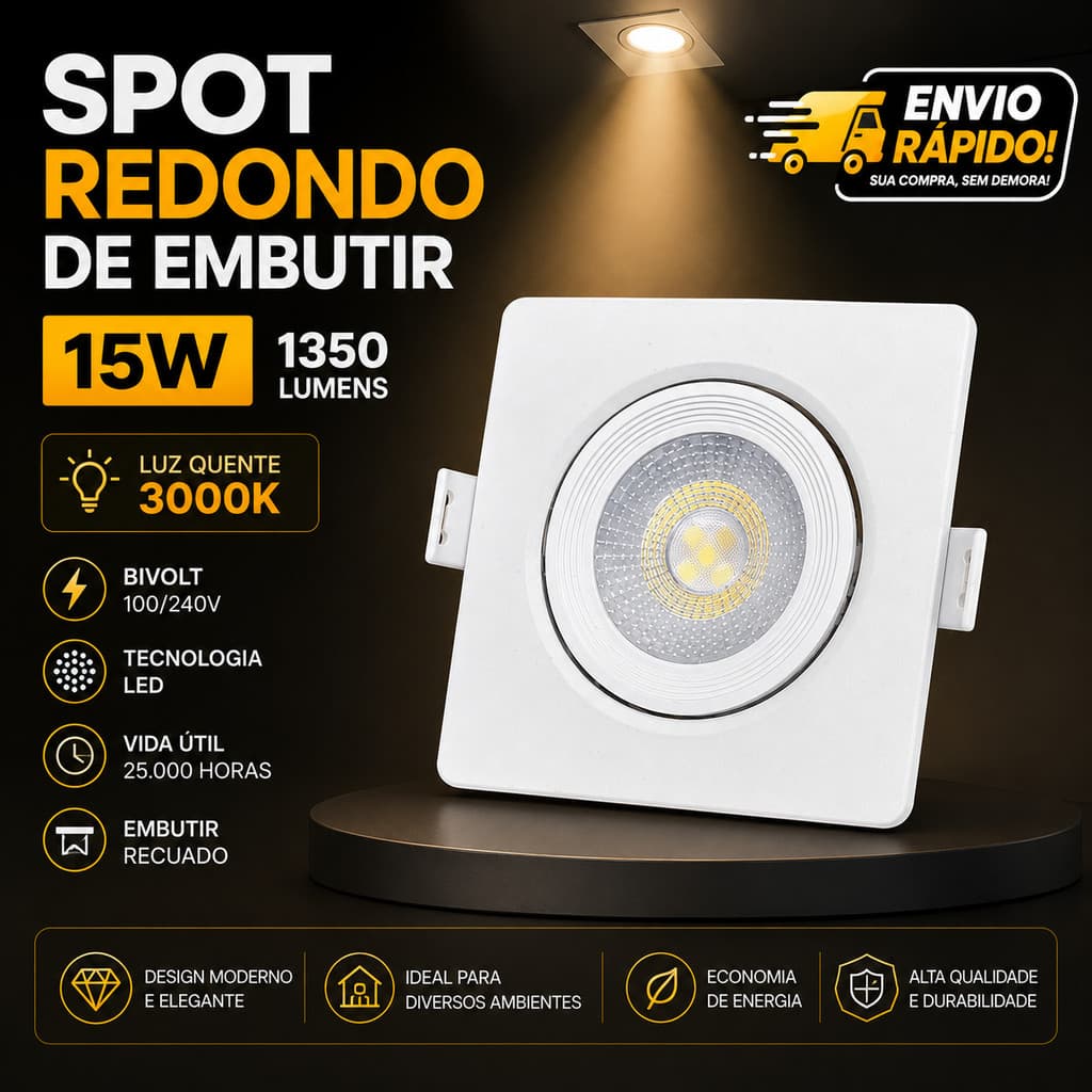 Spot LED Quadrado Embutir 15W Branco Quente 3000K Luminária Gesso Sanca Direcionável Paylow