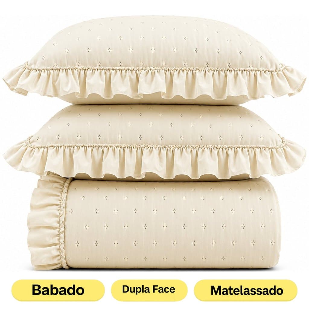 Colcha Cobre Leito Bella com Babado Matelassado Cores Lisas com Porta Travesseiro EDDI Casa