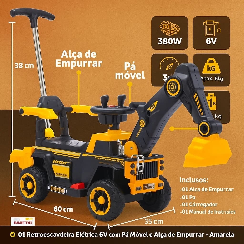 Retroescavadeira Elétrica Infantil 6V com Bateria Recarregável