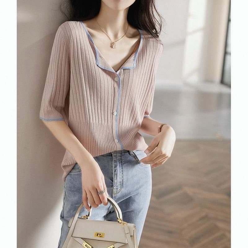 Versão coreana moda gelo seda malha Cardigan feminino verão novo estilo solto com decote em V meados de manga camiseta p