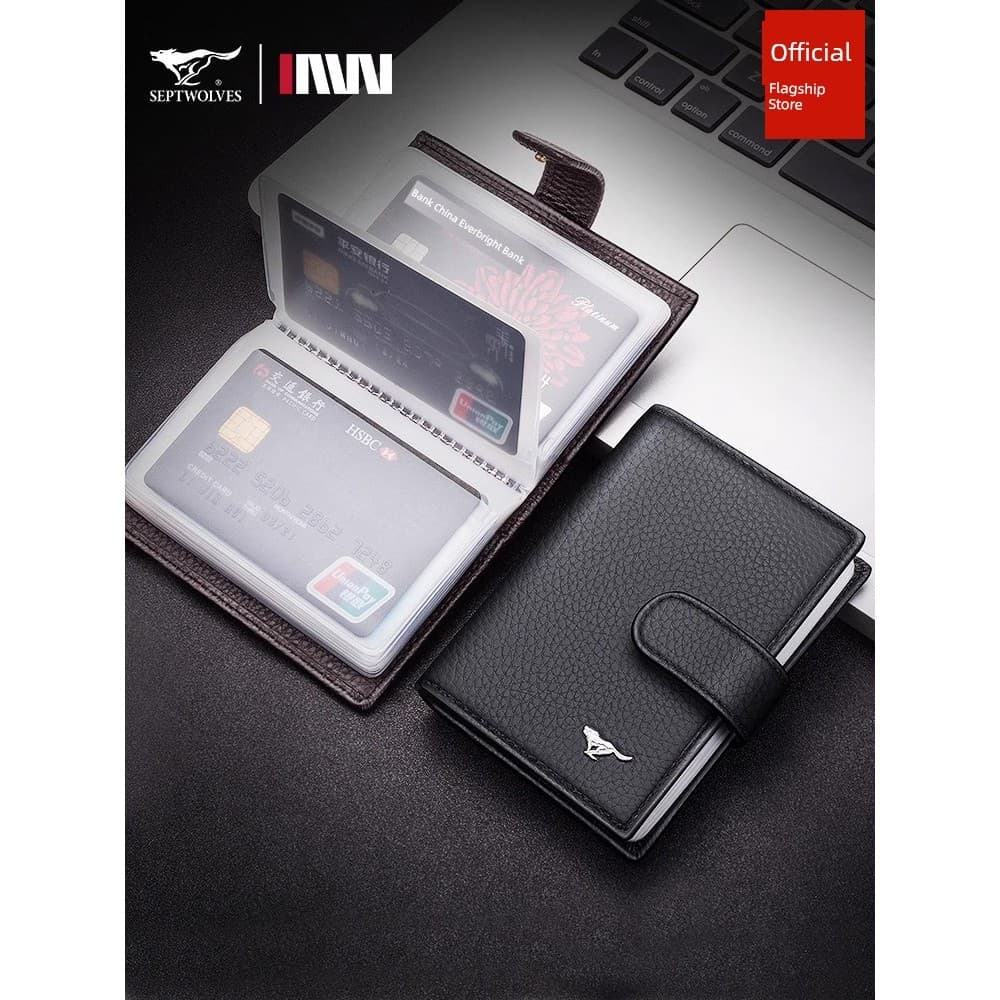 carteira masculina com ziper carteira masculina Porta-cartões de identificação com capa de couro ultrafino Seven Wolves