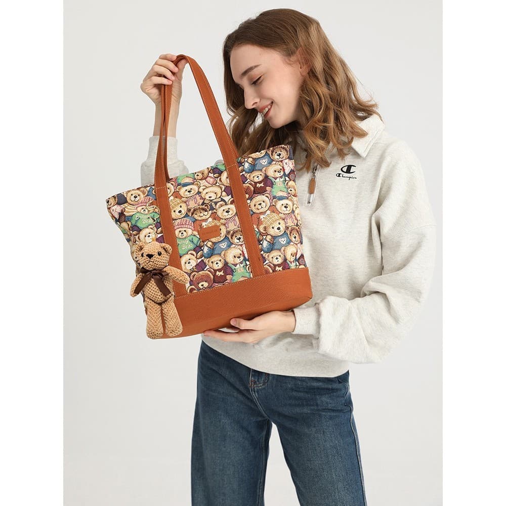 Pequeno urso acessório portátil sacola grande capacidade Commuter saco bordado computador bolsa de ombro feminino estuda