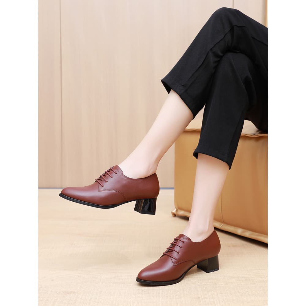 Dedo do pé apontado couro genuíno salto grosso trabalho Commuter All-Match sapatos femininos couro de porco completo zíp