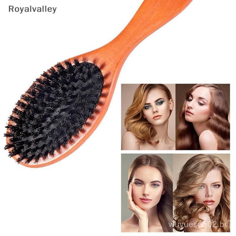 [Royalvalley] Escova De Cabelo Com Cerdas De Javali Natural , Massagem Antiestática , Couro Cabeludo , Remo , Cabo De Ma