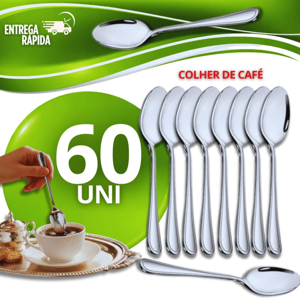 Conjunto Colher de Café Inox 60 Unidades 8,8 cm Para Restaurante Casa Cozinha Talheres Colheres