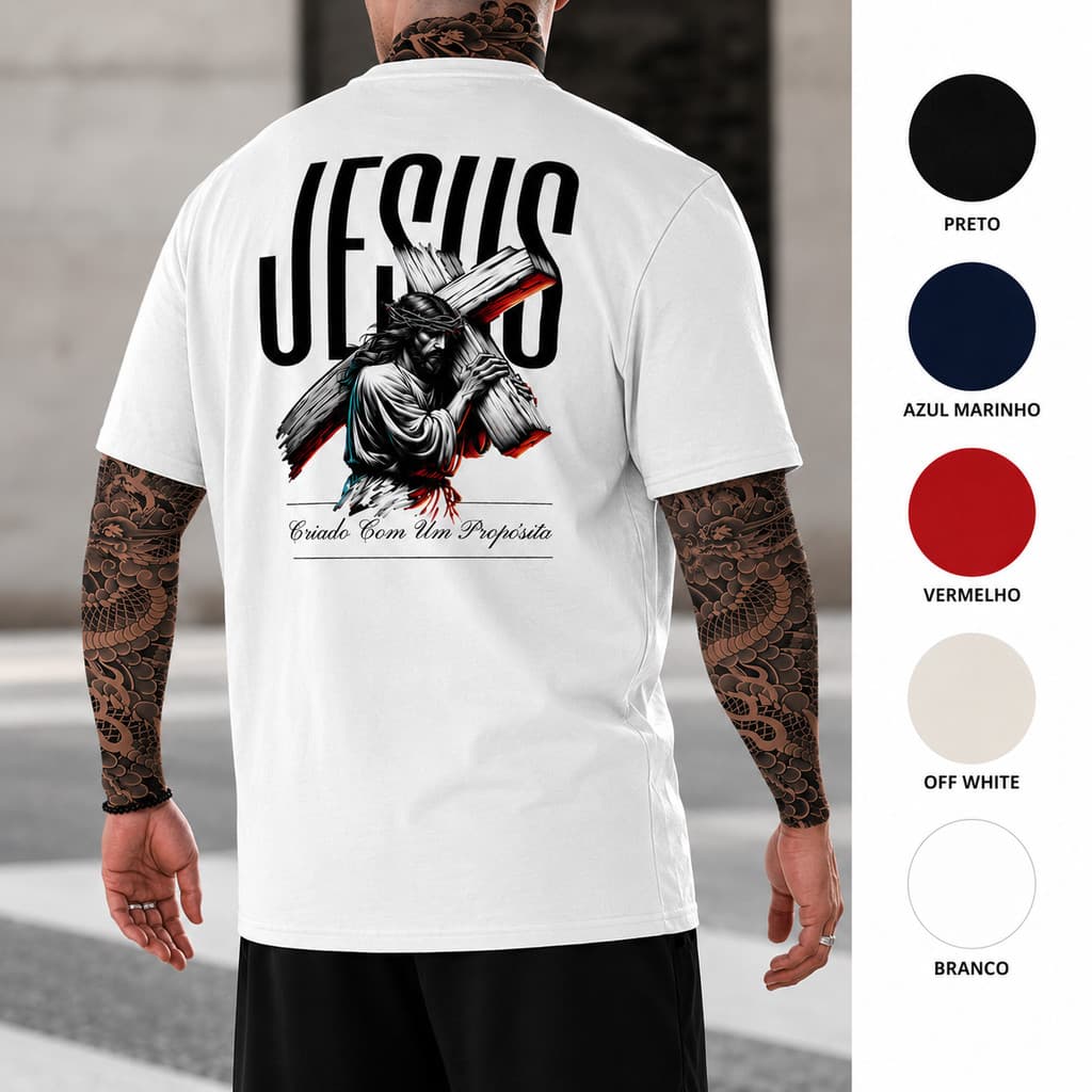 Camiseta Masculina Cristã Jesus Criado com um Propósito Premium Unissex
