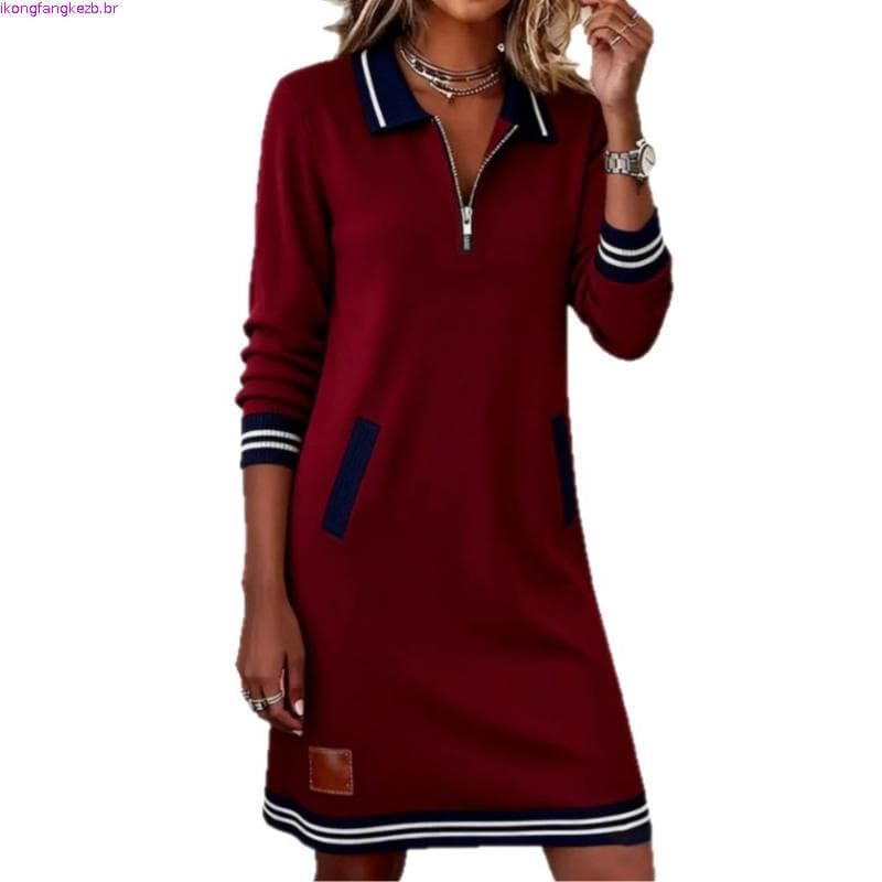 2026 outono inverno novo estilo feminino Cross-Border Casual zíper lapela manga comprida bolso cor combinando vestido
