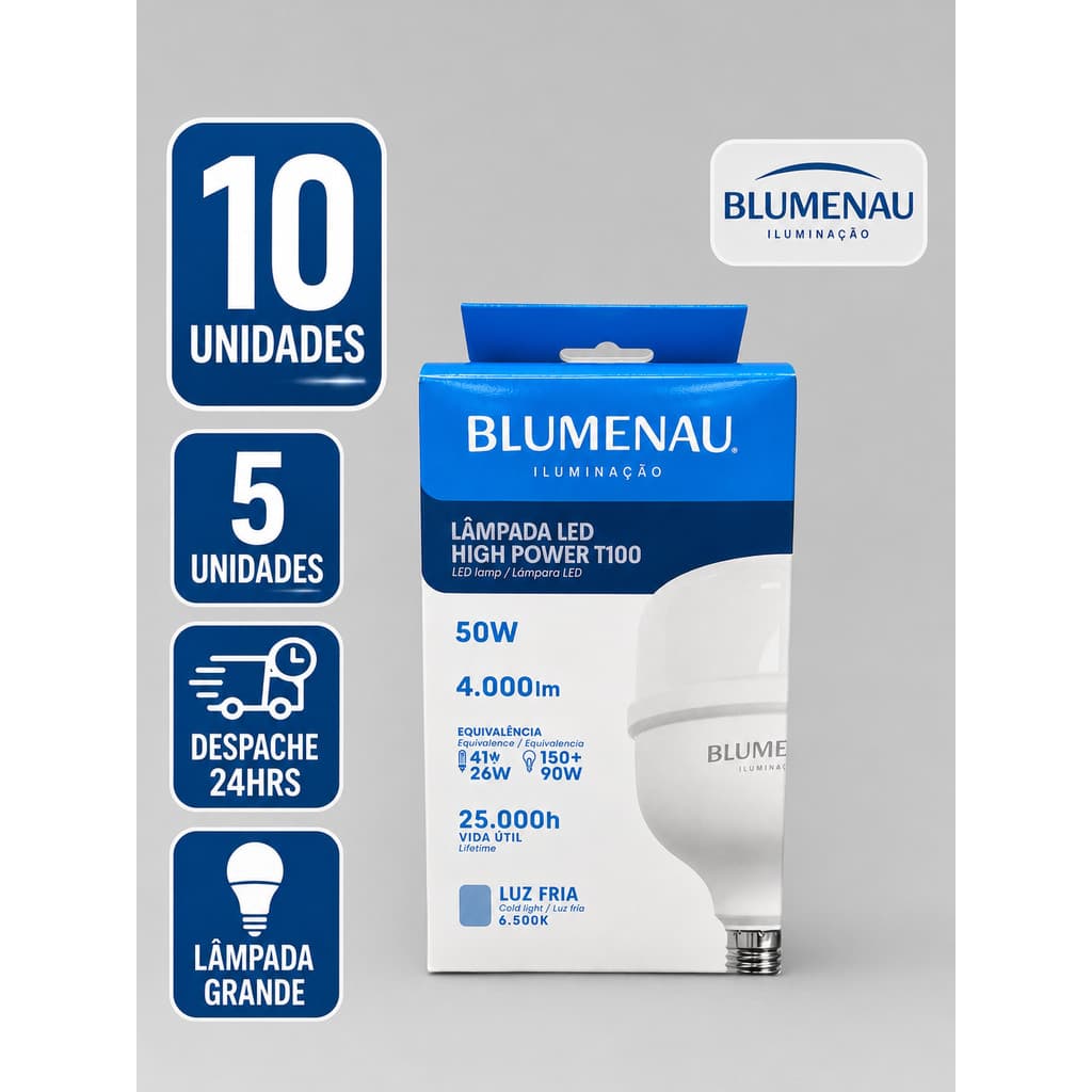 Kit 10 / 5 Lampadas Led 50w Alta Potencia Bivolt 6500k Branco Frio Blumenau Iluminação Galpão Super Bulbo Grande Forte