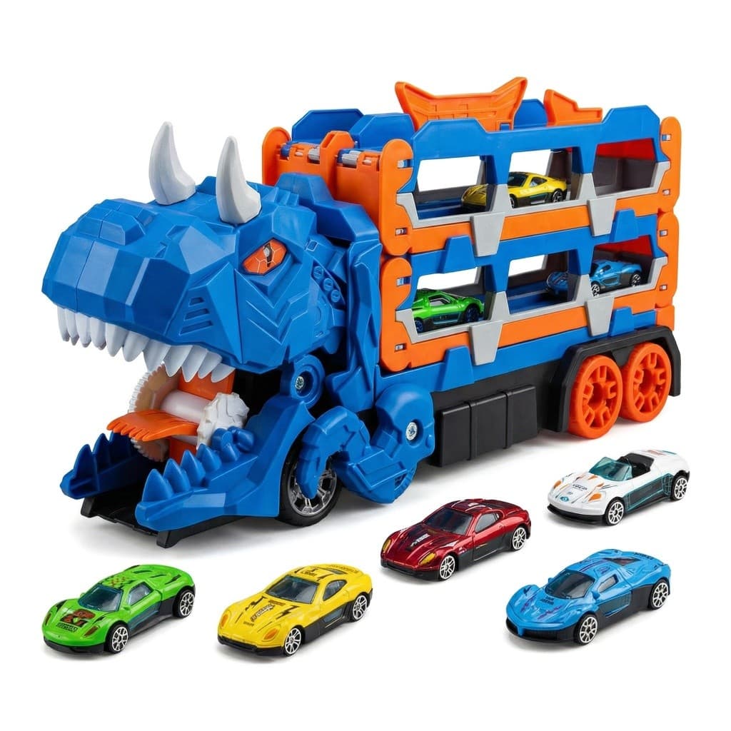 Caminhão Dinossauro Brinquedo – Transporte com 6 Carros e Pista Expansível