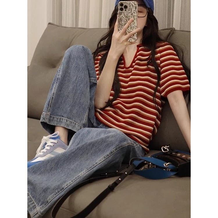 Camisa polo listrada vermelha de malha gelo seda com decote em v ombro genuíno manga curta camiseta feminina verão peque