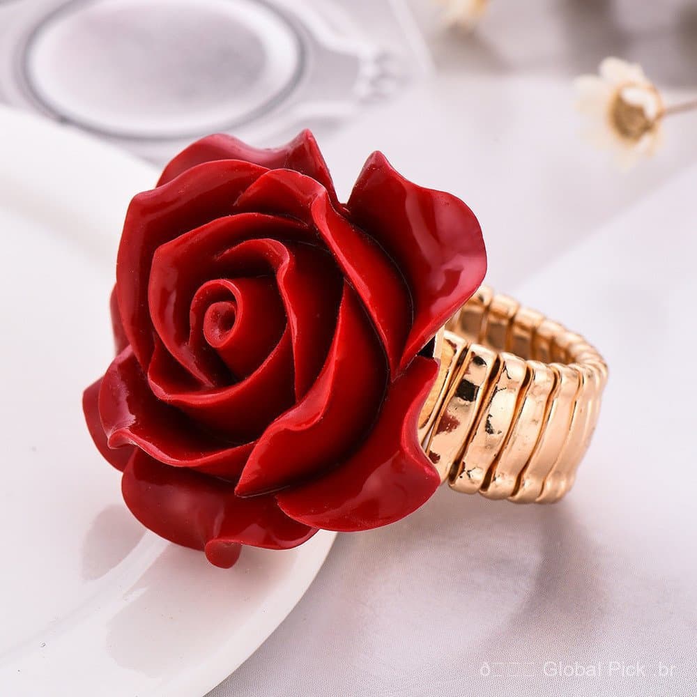 Anel de flor rosa vermelha, fresco e romântico, joia para o Dia dos Namorados para mulheres.