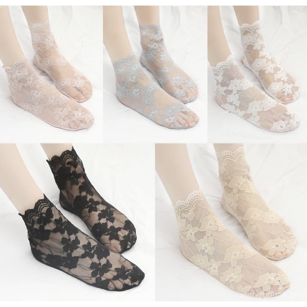 5 Pares de Meias de Malha Oca Antiderrapantes Renda/Meias Invisíveis de Flor Elegante/Meias de Barco Respirável de Algod