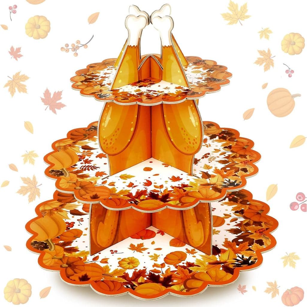 Suporte para Cupcakes de Ação de Graças, Suporte de Sobremesas de 3 Andares para o Outono, Suporte de Papelão para Bolos