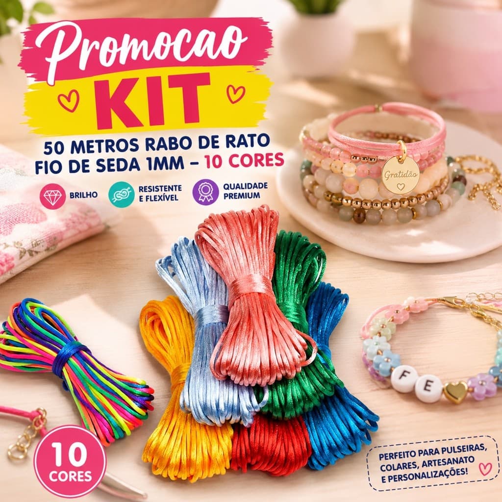 Kit 50 Metros Rabo de Rato 1mm Fio de Seda Colorido | 10 Cores para Pulseiras, Laços, Artesanato e Bijuterias