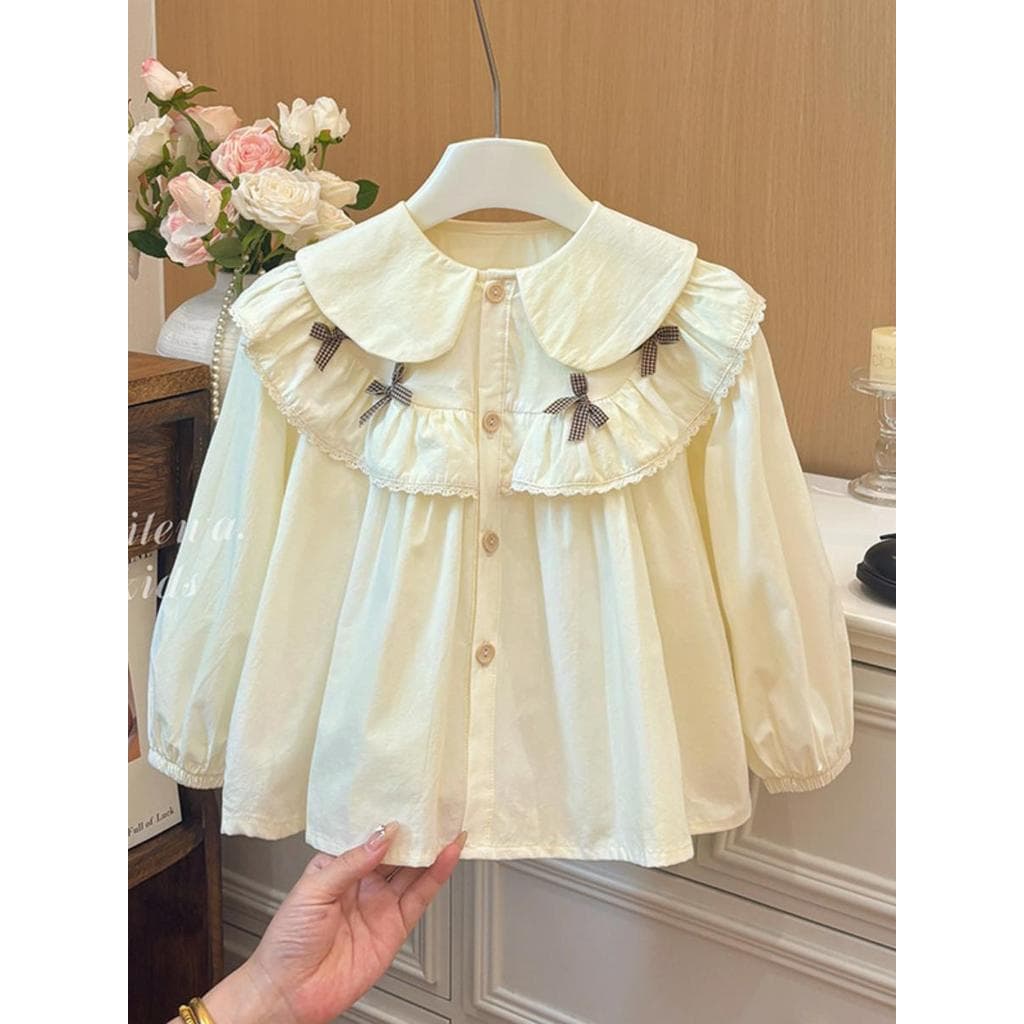 Meninas boneca colarinho camisa primavera outono 2025 novo estilo bebê menina arco renda camisa moda topo