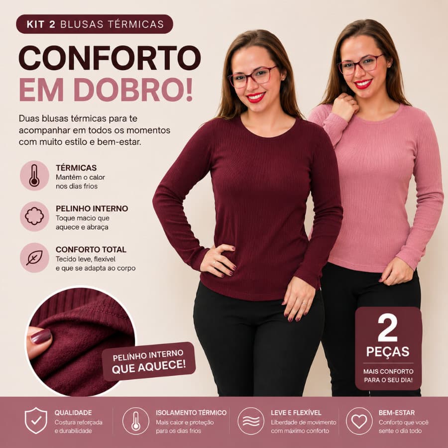 Kit com 2 Blusas Térmica Feminina Manga Longa Inverno