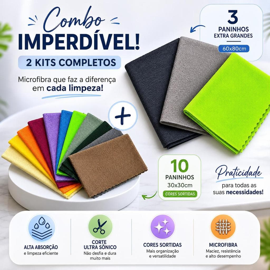 KIT PANO MICROFIBRA LIMPEZA COMPLETA CHÃO PÓ VIDROS PM003-K13
