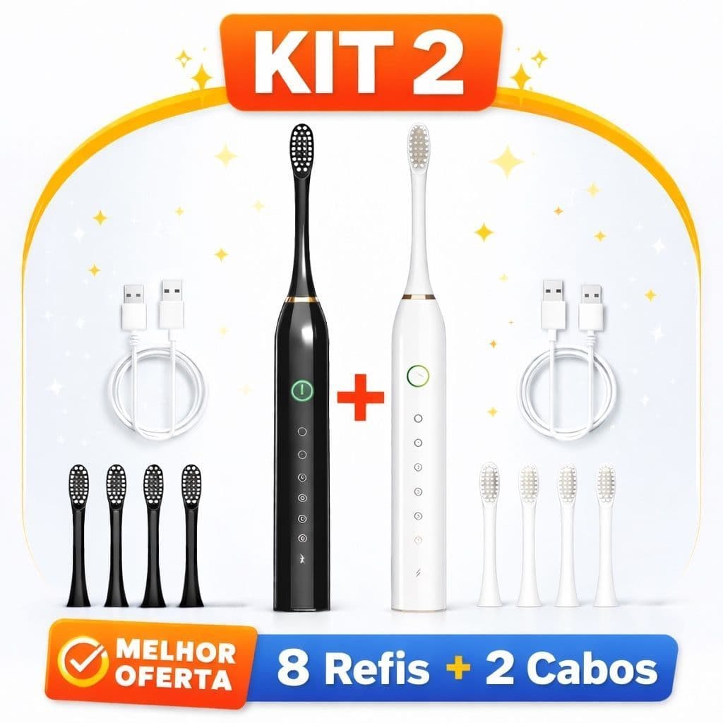 Kit 2 Escovas Elétricas Sônicas IPX7 + 8 Refis |  7 Modos  | Recarregável USB | Limpeza Profissional Envio Super Rapido