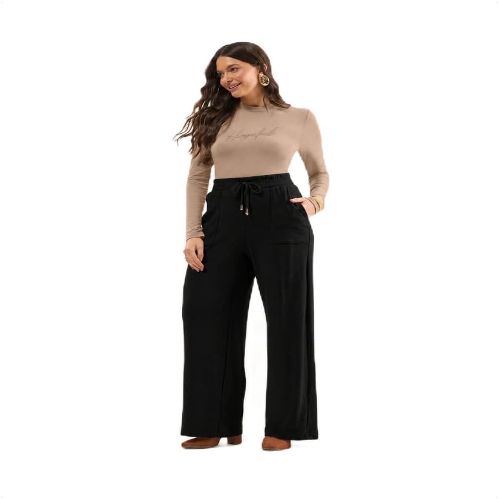 Calça Reta Feminina Wide Leg Preto Bolsos Quadrados Frontais