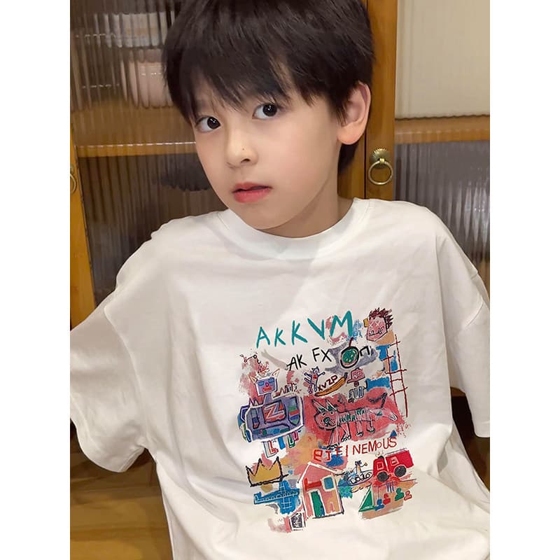 Estilo coreano nicho meninos de manga curta verão novo estilo meninos puro algodão camiseta solta meia manga crianças im