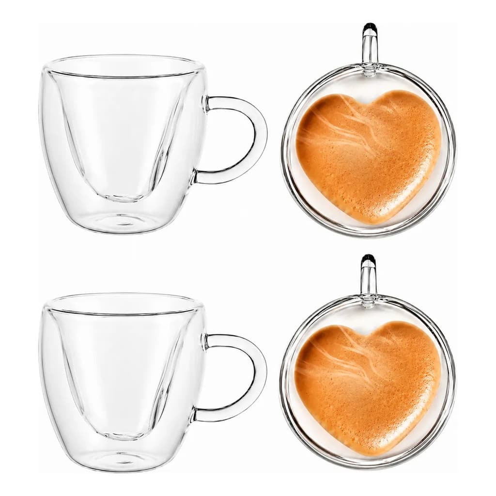 Jogo 4 Xicaras Café Coraçao Parede Dupla Borosilicato 180ml