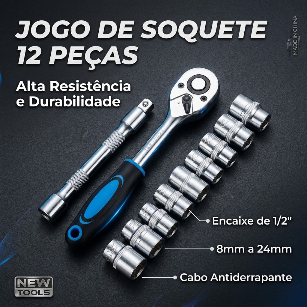 Jogo De Soquete Sextavado 1/2 Catraca com Extensão 12 Peças 8 a 24mm