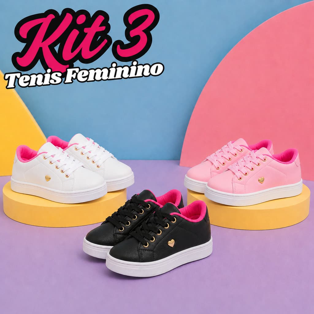 Kit 3 Pares Tênis Infantil Feminino Escolar Casual e Confortável Super Leve Macio do 26 ao 33 - Oferta